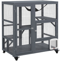 PawHut Wooden Cat House with Flap Door, Platforms and Hammock - Grey-Multi-level platforms and a hammock for your cat's rest and play needs 