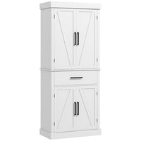 HOMCOM 72" H Tall Kitchen Pantry Cabinet with Barn Doors and Drawer - White-Barn doors with black handles exudes modern farmhouse charm 