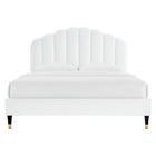 Modway Daisy Performance Velvet Queen Platform Bed with Wood Legs and Gold Metal Sleeves - White-Channel Tufted Headboard