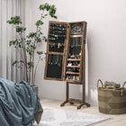 HOMCOM Mirror Jewelry Cabinet - 18.4" L x 14.4" W x 59.6" H - Rustic Brown-Large inner storage space featuring earring slots, necklace and bracelet hooks, ring slots and shelves 