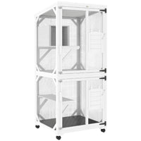 PawHut 31.5" L Outdoor Large Catio Cat House with Wheels and Resting Box - White-Wooden cat enclosure houses 1-3 cats 