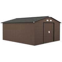 Outsunny Garden Storage Shed with Steel Foundation Kit - 11' x 13' - Brown-Large inner space for storing tools bicycle, garden tools, lawn care equipment and more 