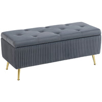 HOMCOM Steel Leg 43 Inch Large Storage Chest Ottoman Bench - Dark Grey-A pleated design, button-tufted seat, and gold legs elevate your space;