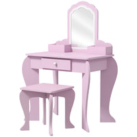 Qaba Kids Vanity Table with Mirror & Stool - Cloud Design - Pink-A kids dressing table set, which includes a vanity table, matching stool and a mirror 
