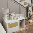 PawHut Cat Litter Box Enclosure with Rattan Door and Scratching Pad - White-Entrance includes scratching pad and toy ball for cat's use 