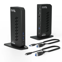 Plugable USB 3.0  USB-C Dual Monitor Universal Laptop Docking Station-Flexible Expandability—This USB 3.0 laptop docking station provides dual HD HDMI video outputs, wired Gigabit Ethernet, a 3.5mm combination audio jack, two USB 3.0 ports, and four USB 2.0 ports. Includes both USB 3.0 and USB-C cables for flexible host connectivity
