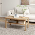 HOMCOM 2 Tier Coffee Table with Storage Shelf for Living Room - Natural Wood-Wide tabletop for dining, or as a comfy footrest while you watch TV