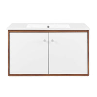 Modway Transmit 36" Wall-Mount Bathroom Vanity - Walnut/White-Mid-Century Modern Vanity