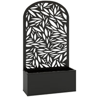 Outsunny Metal Raised Planter Box with 44.5" H Trellis - 24" L x 9" W - Small Leaf Cut-Outs-Curved privacy panel with leaves cut-outs serves as a trellis 