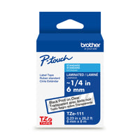 Brother Genuine TZe111 Laminated Tape for P-touch Label Makers - 6 mm wide x 8 m long - Black on Clear-Black on clear laminated TZe 6 mm tape for use with Brother P-touch label makers 