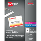 Avery Laser/Inkjet Name Tag Insert Refill Cards - 4" W x 3" H - White - 300 Pack (5392)-Name Badge refill