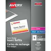 Avery Laser/Inkjet Name Tag Insert Refill Cards - 4" W x 3" H - White - 300 Pack (5392)-Name Badge refill