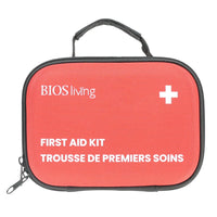 BIOS Living  First Aid Kit - 75 pieces -First Aid Kit Contents: Antiseptic towelettes, Alcohol Swabs 70% v/v Isopropyl alcohol, Fabric adhesive bandages, Plastic bandage strips, Fabric adhesive bandages for knuckles, Gause sterile pad (2 sizes), Gauze bandage roll, Adhesive tape roll, Scissors, Tweezers, Vinyl gloves, Instant cold pack 