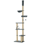 PawHut 90.5" - 98.5" Floor-To-Ceiling Cat Tree Tower - Grey-Unique design features multiple platforms to give your frisky felines plenty of space to lounge and play 