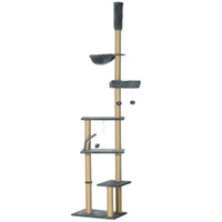 PawHut 90.5" - 98.5" Floor-To-Ceiling Cat Tree Tower - Grey-Unique design features multiple platforms to give your frisky felines plenty of space to lounge and play 