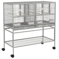 PawHut 40" H Divided Rolling Bird Cage with Removable Metal Tray and Storage Shelf - Light Grey-The middle grate can be pulled out to make the 2 individual cages into a big cage. 