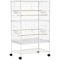 PawHut 52" H Large Metal Bird Cage with Rolling Stand, Storage Shelf and Wood Perch - White-Multiple doors for easy access to the inside area 