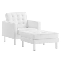 Modway Loft Tufted Vegan Leather Armchair and Ottoman Set - Silver White-Mid-Century Armchair and Ottoman Set