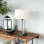 Hudson&Canal Dax 27.5" Tall Table Lamp with Fabric Shade - Seeded Glass/Blackened Bronze/White-Handcrafted seeded glass and blackened bronze finish is applied to the novelty metal and glass base