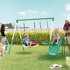 Qaba 5' Slide and Swing Set with Adjustable Seat and Saucer Swing - Green/White-A-Frame and ground stakes provide long-lasting use 