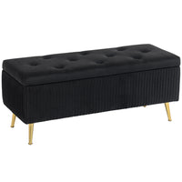 HOMCOM Steel Leg 43 Inch Large Storage Chest Ottoman Bench - Black-A pleated design, button-tufted seat, and gold legs elevate your space;