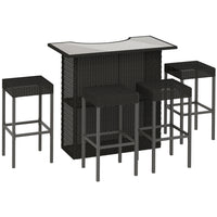 Outsunny 5 Pieces Patio Bar Set with Tempered Glass Top Bar Table and Shelves, 4 Bar Chairs - Black-5pcs rattan bar set includes 1 bar table and 4 bar stools for indoor and outdoor use