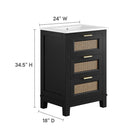 Modway Dixie 24" Solid Wood Bathroom Vanity - Black/White-Open Weave Rattan Detail