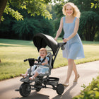 Qaba 6 in 1 Foldable Kids Tricycle with Adjustable Push Handle - Black-Rotating seat allows face-to-face interaction for closer parent-child bonding 
