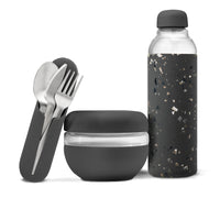 W&P Porter Lunch Set - Glass Water Bottle - Seal-tight Bowl - Utensil Set - Terrazzo Charcoal-Water bottle is constructed from durable, lightweight glass with a grippable silicone sleeve & twist-off cap