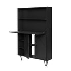 Nexera Slim Bar Cabinet - Secretary Bookcase Desk With Storage - Black-This piece of furniture can also be used as a bar, modern engraved drop-down door with geometrically patterned textured lacquer finish  serves as a work surface when open