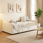 HOMCOM Twin Size Upholstered Trundle Daybed with Armrests - Cream White-Eucalyptus wood and metal frame provide strength and long-lasting use