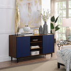 Manhattan Comfort Duane Mid-Century Modern TV Stand, Sideboard, Coffee Table and End Table - Dark Brown and Navy Blue - Set of 4-Ribbed Design with Wood Grain Laminate Finish