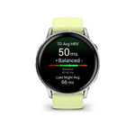 Garmin Venu 4 Smartwatch - 45 mm - Silver with Citron Silicone band-Advanced sleep tracking (improved): Get a sleep score and personalized coaching for how much sleep you need and how you can improve. Even keep track of different sleep stages and naps — and see key metrics, such as HRV status and skin temperature, to better understand your health. Plus, with the sleep alignment feature, see how aligned you are to your circadian rhythm and see your sleep consistency