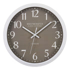 Monarch Specialties 9115 12" Round Wall Clock - Dark Bronze Face/White Frame-Elevate your home decor with this 12" round wall clock featuring a stylish dark bronze face and a striking white frame, perfect for any contemporary space