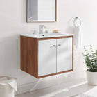 Modway Transmit 24" Wall-Mount Bathroom Vanity - Walnut/White-Ceramic Sink Basin