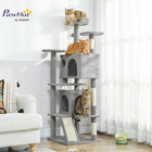 PawHut 63" H Cat Tree with Two Cat Condos - Light Grey-Includes scratching posts and ramp for natural clawing instincts 