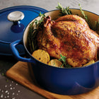 Tramontina 5.5 Qt Enameled Cast Iron Series 1000 Covered Round Dutch Oven - Gradated Cobalt-Moisture-Locking Lid: Equipped with self-basting condensation ridges on the cast iron lid to uniformly collect and direct vapors back onto food, creating moist and flavorful dishes