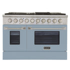 Kucht 48" KNG Series Pro Style Propane Gas Range - Stainless Steel/Light Blue-This professional-class range features two 20,000-BTU dual burners with simmer, two 12,000-BTU burners, two 9,000-BTU burners, and two 6,000-BTU burners