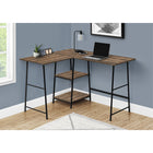 Monarch Specialties 7593 48" Computer Desk - Brown Reclaimed/ Black Metal Corner-Solid rectangular corner desktop and 2 shelves in 2 different sizes are finished in a medium brown reclaimed wood-look laminate with a smooth texture