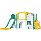 Qaba 7-in-1 Kids Slide with Climber, Basketball Hoop, Telescope, Drawing Board, Storage Box - Yellow-7 in 1 kids slide set, providing lots of indoor play options 
