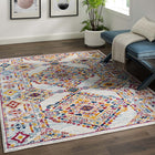 Modway Entourage Khalida Distressed Vintage Floral Lattice Area Rug - 5 ft W x 8 ft L - Ivory Blue Orange Yellow Red-Tight Low Pile Weave