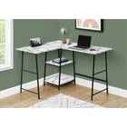 Monarch Specialties 7595 48" Computer Desk - White Marble/Black Metal Corner-Solid rectangular corner desktop and 2 shelves in 2 different sizes are finished in a white laminate with a smooth marble texture