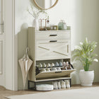 HOMCOM Narrow Shoe Cabinet with 2 Flip Doors & Top Drawer - Distressed White-Can store up to 12 pairs of shoes in two tilt-out drawers