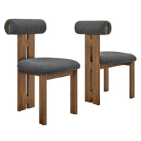 Modway Torian Boucle Fabric Dining Chair - Walnut Charcoal - Set of 2-3 Legged Armless Chairs