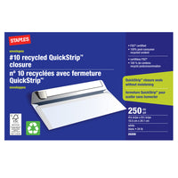 Staples #10 Recycled Envelopes with QuickStrip Flap - 4-1/8" x 9-1/2" - White - 250 Pack-This #10 envelope can be used to send letters, cheques, bills, statements, announcements, contracts and more