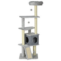 PawHut 57.5" Cat Tree with Scratching Posts, Bed and House - Grey-Sisal rope posts and pad satisfy your cats' urge to scratch, deterring them from using furniture 