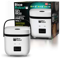 Rice Robot 4 Cup Space Saving Rice Cooker with Ceramic Nonstick Inner Pot - White -Mistake-proof 3-step system: use the color-coded pre-measured cups. 1-white cup to add rice, 2-blue cup to add water, and 3-click to cook color-coded system does all the measuring, so you don't have to