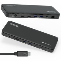 Plugable THUNDERBOLT 4 100W Laptop Docking Station for 4K Dual Monitors or Single 8K-At a Glance—Thunderbolt certified, dual 4K 60Hz HDMI, 8K-ready, up to 100W Power Delivery (96W Certified), 40Gbps Thunderbolt 4 upstream and downstream ports. 13 ports in total and laptop charging, it's a do-it-all dock