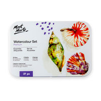 Mont Marte Watercolour Paint 27-Piece Set in Tin - Assorted Colours-Compact 27-piece set keeps 24 watercolour colours and tools together for travel, sketching and outdoor painting