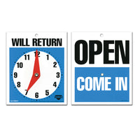 Cosco Open/Come In/Will Return with Clock Indoor/Outdoor Door Sign - 5.25" x 6"-This reversible door sign displays Open, Come In, and Will Return messages to clearly communicate your availability to customers or visitors